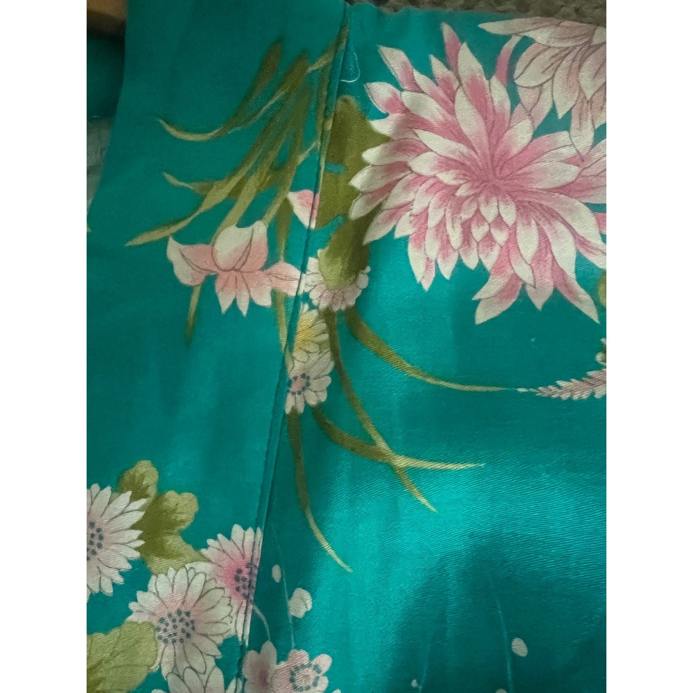 Vintage Japanese Cotton Kimono Robe Teal Pink Floral Chrysanthemum Yukata Japan - Picture 3 of 9
